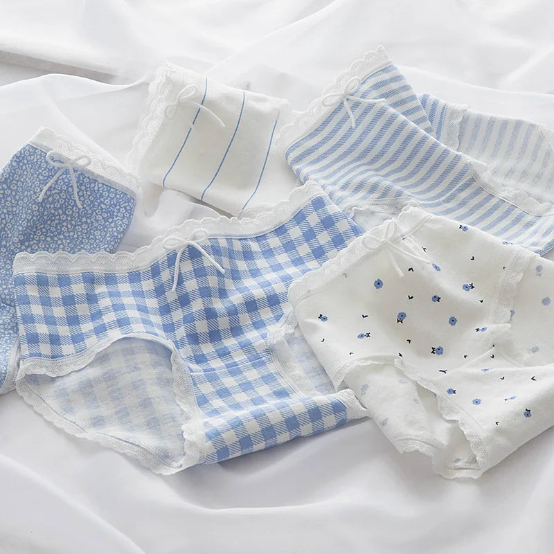 Assorted sky blue and white printed panties in a 5-piece multi-pack. Comfort-fit by Amoura Elegance.