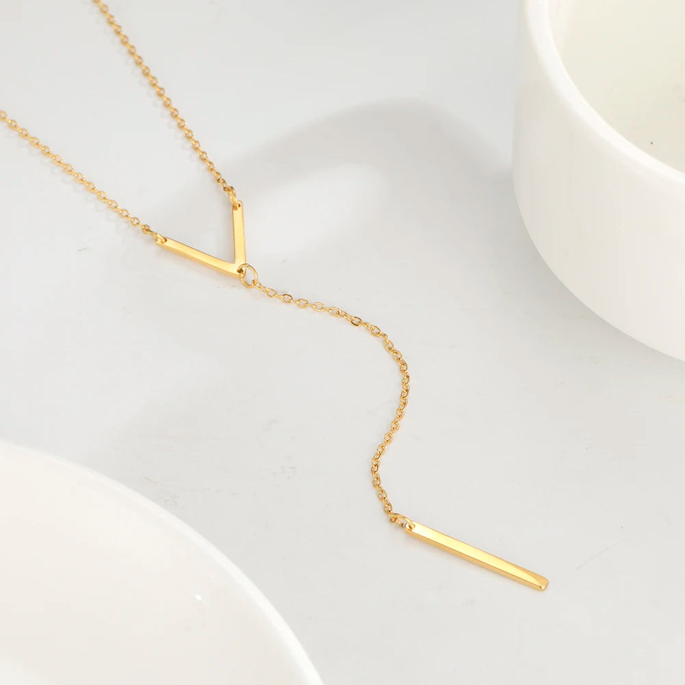 "AmouraElegance Skyrim V Shaped Necklace with Bar for Women & Girls | Stainless Steel Gold Color Chain Necklace | 2024 Party Jewelry Gift Wholesale"