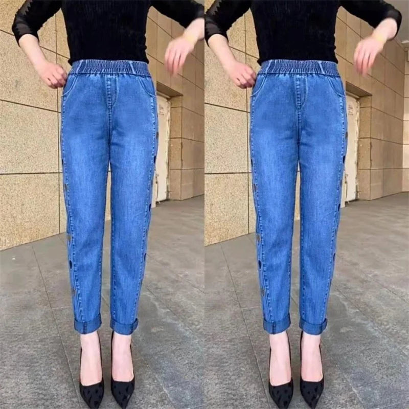 Amoura Elegance Women's Autumn Winter Embroidered Stretch Waist Denim Pants – Cozy, Stylish, and Perfect Fit Jeans for Cold Weather Comfort & Elegance