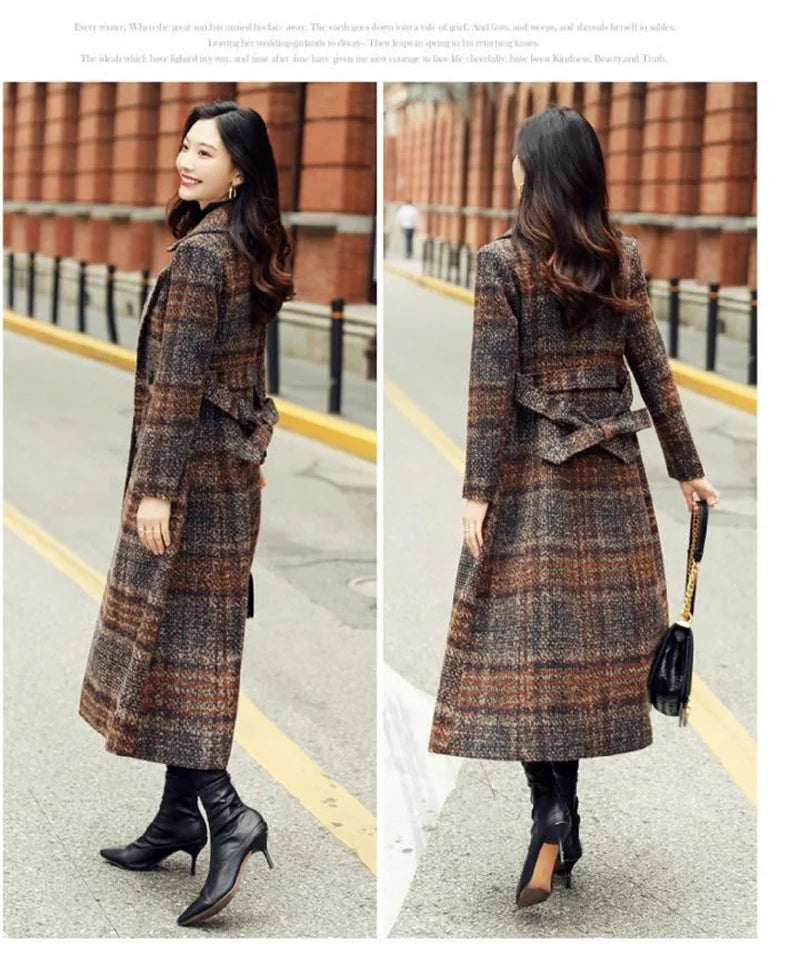 Amoura Elegance Women’s Plaid Woolen Coat – Long Slim-Fit Over-the-Knee Korean Style Autumn/Winter 2021, Waist-Cinching Thick Wool Coat