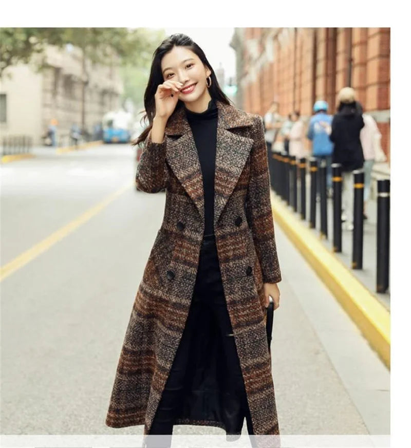 Amoura Elegance Women’s Plaid Woolen Coat – Long Slim-Fit Over-the-Knee Korean Style Autumn/Winter 2021, Waist-Cinching Thick Wool Coat