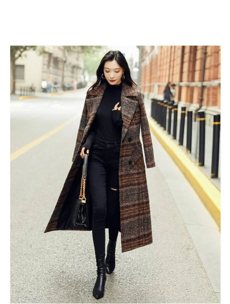 Amoura Elegance Women’s Plaid Woolen Coat – Long Slim-Fit Over-the-Knee Korean Style Autumn/Winter 2021, Waist-Cinching Thick Wool Coat