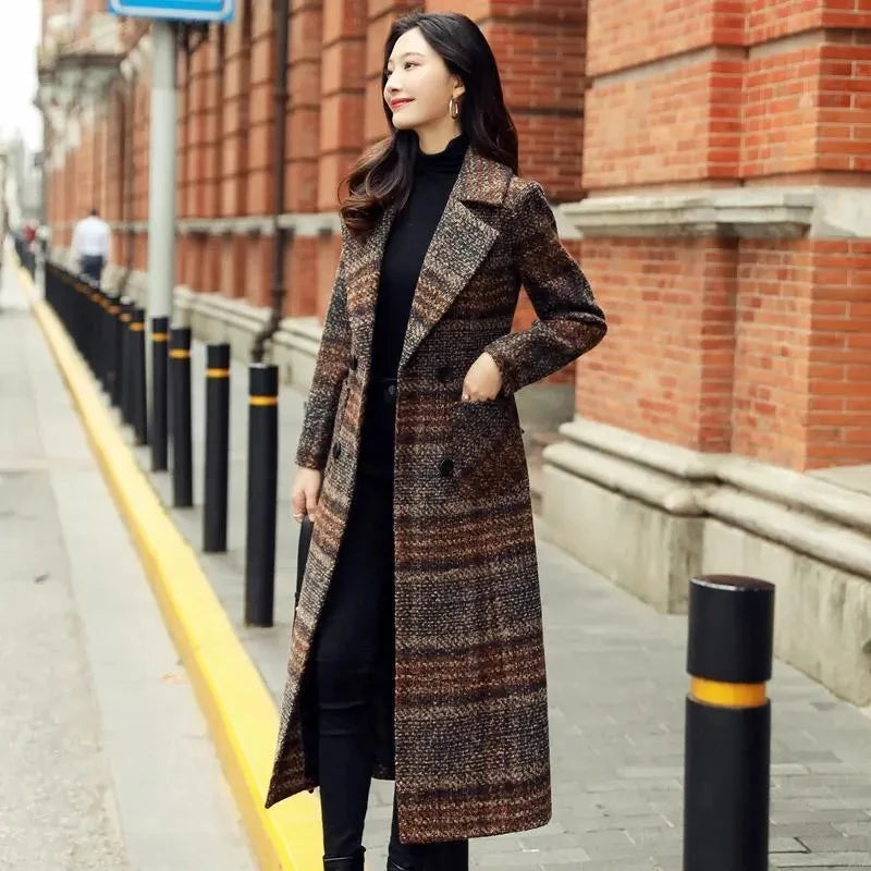 Amoura Elegance Women’s Plaid Woolen Coat – Long Slim-Fit Over-the-Knee Korean Style Autumn/Winter 2021, Waist-Cinching Thick Wool Coat