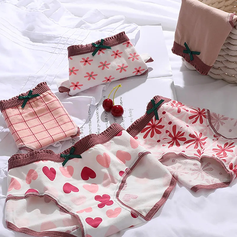 5-Piece Women's Cotton Briefs Set with Cute Big Red Bow - Soft, Breathable, and Stylish Underwear from Amoura Elegance
