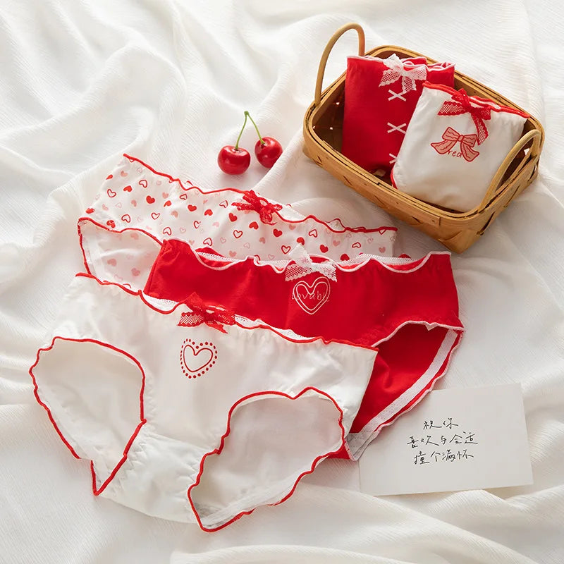 5-Piece Women's Cotton Briefs Set with Cute Big Red Bow - Soft, Breathable, and Stylish Underwear from Amoura Elegance