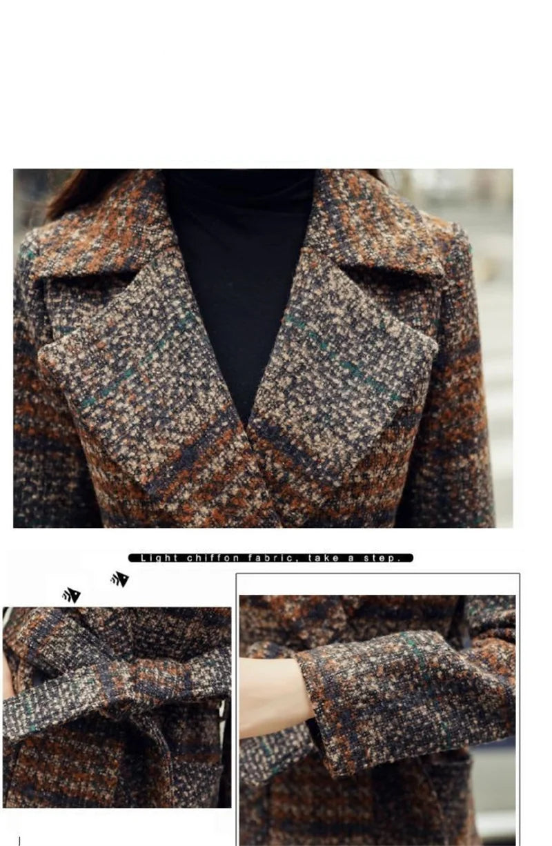 Amoura Elegance Women’s Plaid Woolen Coat – Long Slim-Fit Over-the-Knee Korean Style Autumn/Winter 2021, Waist-Cinching Thick Wool Coat