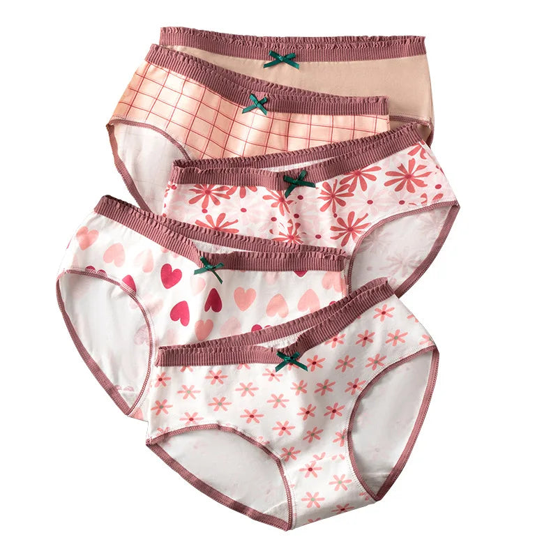 5-Piece Women's Cotton Briefs Set with Cute Big Red Bow - Soft, Breathable, and Stylish Underwear from Amoura Elegance