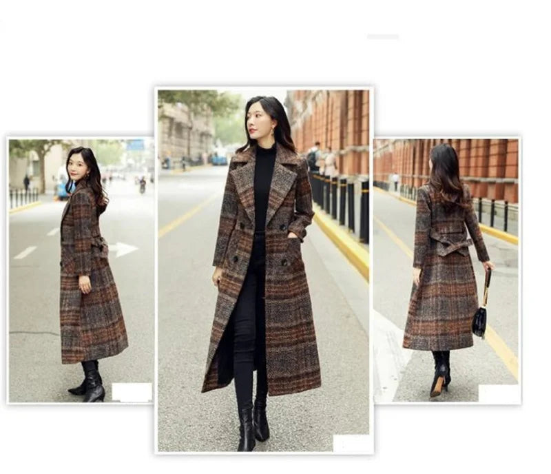 Amoura Elegance Women’s Plaid Woolen Coat – Long Slim-Fit Over-the-Knee Korean Style Autumn/Winter 2021, Waist-Cinching Thick Wool Coat
