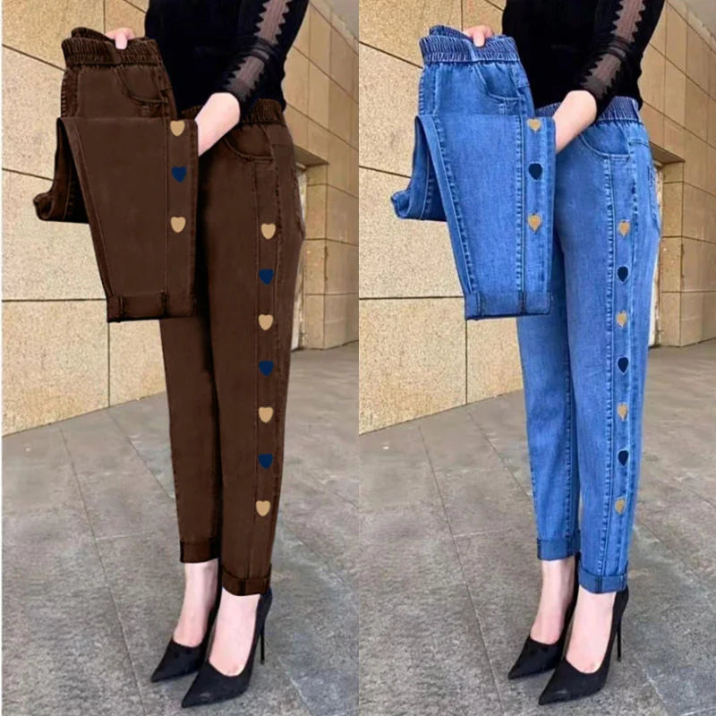 Amoura Elegance Women's Autumn Winter Embroidered Stretch Waist Denim Pants – Cozy, Stylish, and Perfect Fit Jeans for Cold Weather Comfort & Elegance