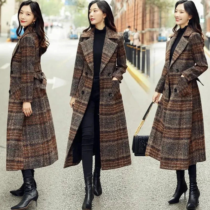 Amoura Elegance Women’s Plaid Woolen Coat – Long Slim-Fit Over-the-Knee Korean Style Autumn/Winter 2021, Waist-Cinching Thick Wool Coat
