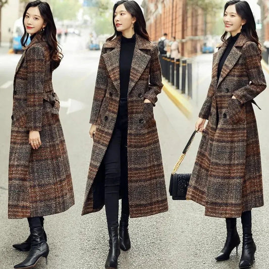 Amoura Elegance Women’s Plaid Woolen Coat – Long Slim-Fit Over-the-Knee Korean Style Autumn/Winter 2021, Waist-Cinching Thick Wool Coat