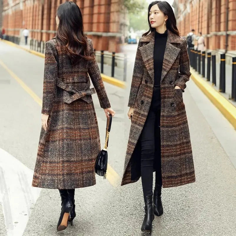 Amoura Elegance Women’s Plaid Woolen Coat – Long Slim-Fit Over-the-Knee Korean Style Autumn/Winter 2021, Waist-Cinching Thick Wool Coat
