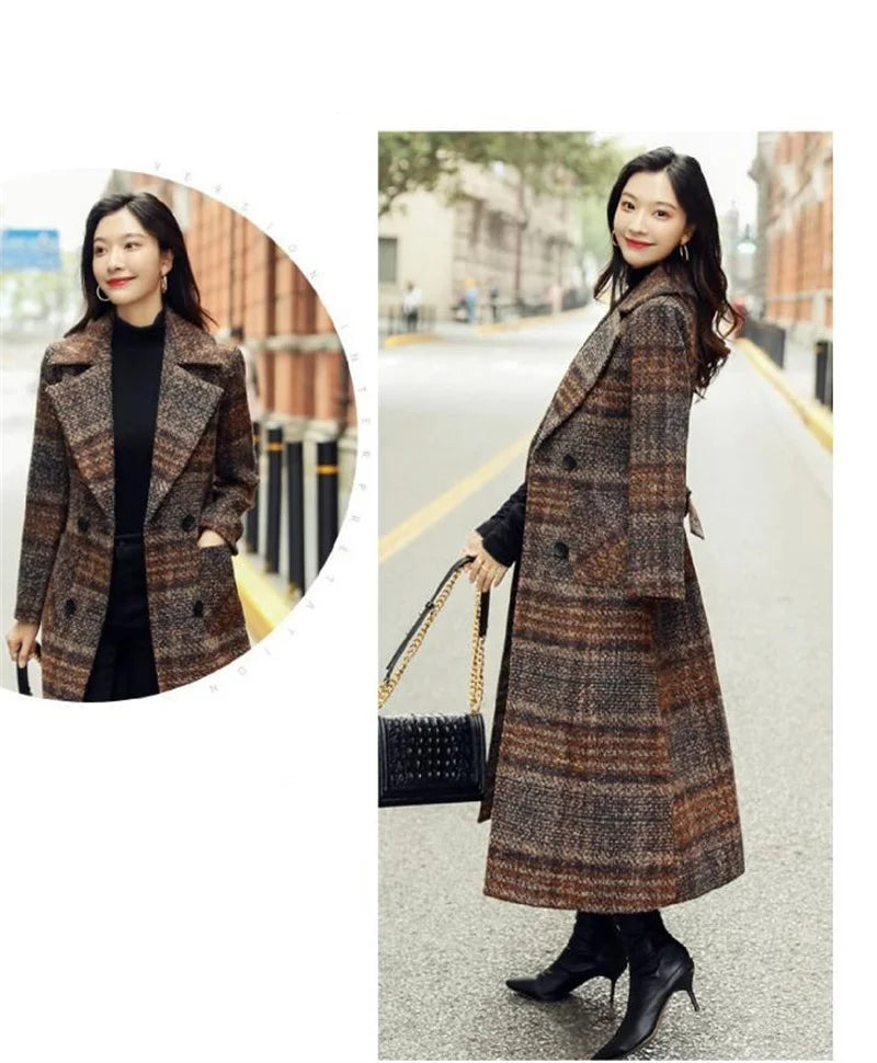 Amoura Elegance Women’s Plaid Woolen Coat – Long Slim-Fit Over-the-Knee Korean Style Autumn/Winter 2021, Waist-Cinching Thick Wool Coat