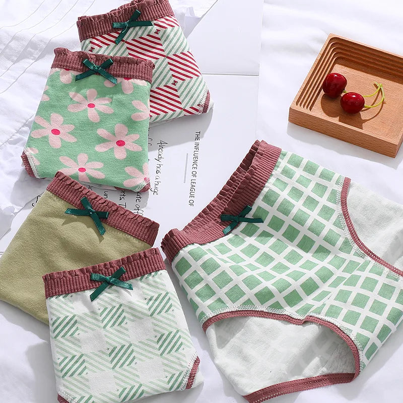 5-Piece Women's Cotton Briefs Set with Cute Big Red Bow - Soft, Breathable, and Stylish Underwear from Amoura Elegance