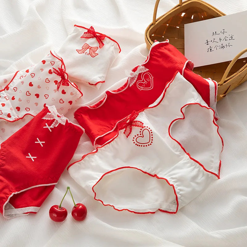 5-Piece Women's Cotton Briefs Set with Cute Big Red Bow - Soft, Breathable, and Stylish Underwear from Amoura Elegance
