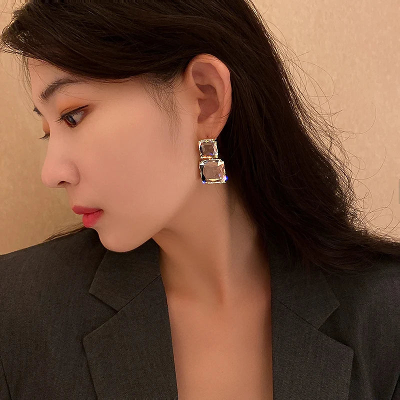 AmouraElegance YANGLIUJIA Euramerican Fashion Geometric Squares Transparent Glass Earrings | Elegant Party & Wedding Jewelry for Women
