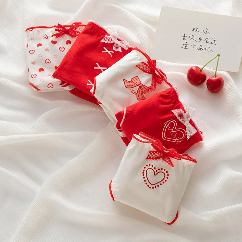 5-Piece Women's Cotton Briefs Set with Cute Big Red Bow - Soft, Breathable, and Stylish Underwear from Amoura Elegance