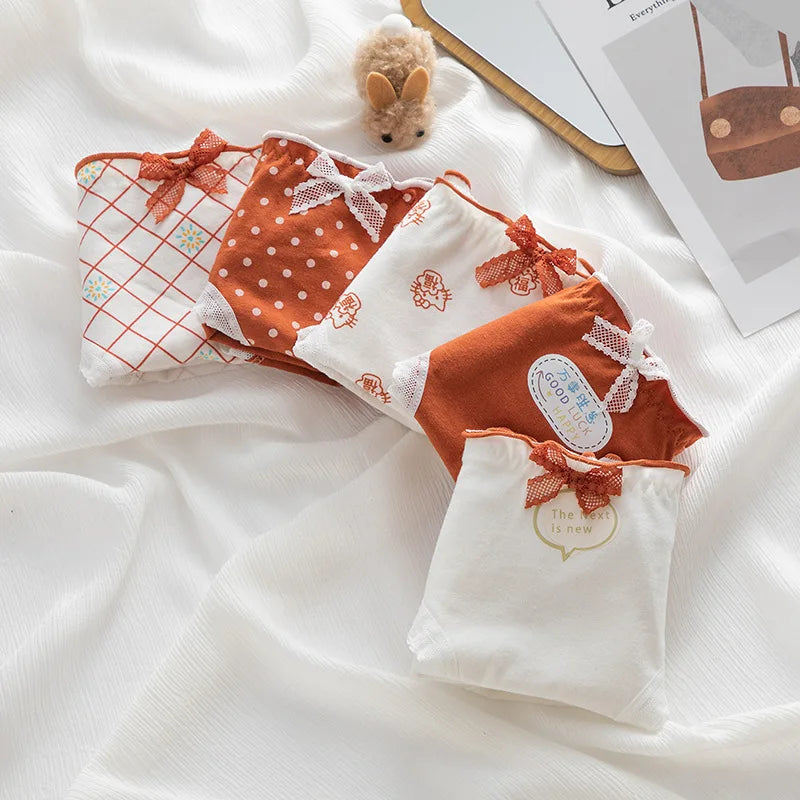 5-Piece Women's Cotton Briefs Set with Cute Big Red Bow - Soft, Breathable, and Stylish Underwear from Amoura Elegance