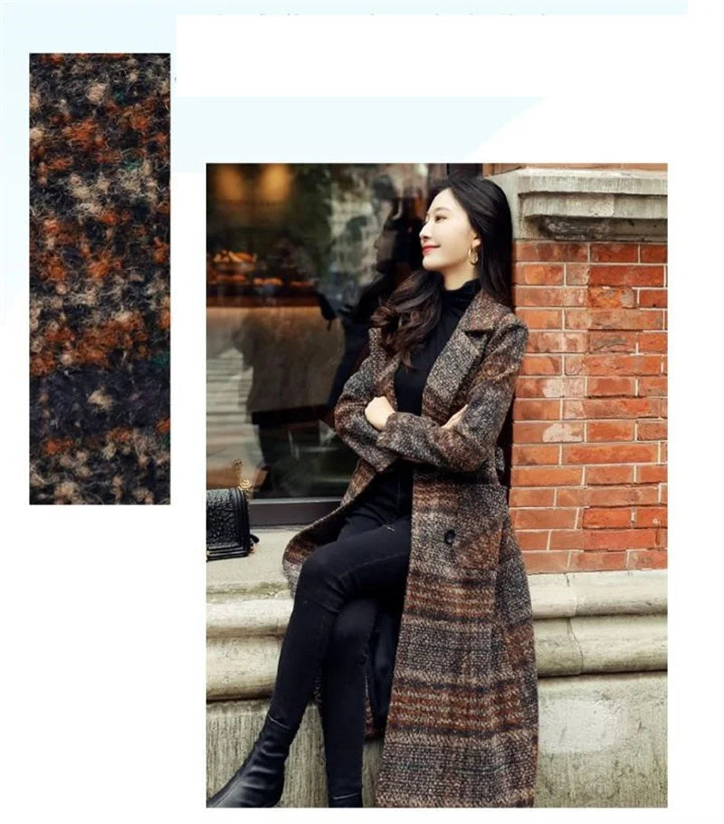 Amoura Elegance Women’s Plaid Woolen Coat – Long Slim-Fit Over-the-Knee Korean Style Autumn/Winter 2021, Waist-Cinching Thick Wool Coat