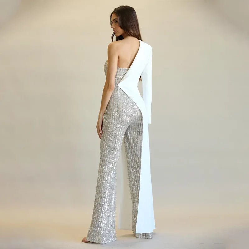 Amoura Elegance European & American Women's Silver Splicing Sequin One-Shoulder Jumpsuit – Glamorous Evening Wear