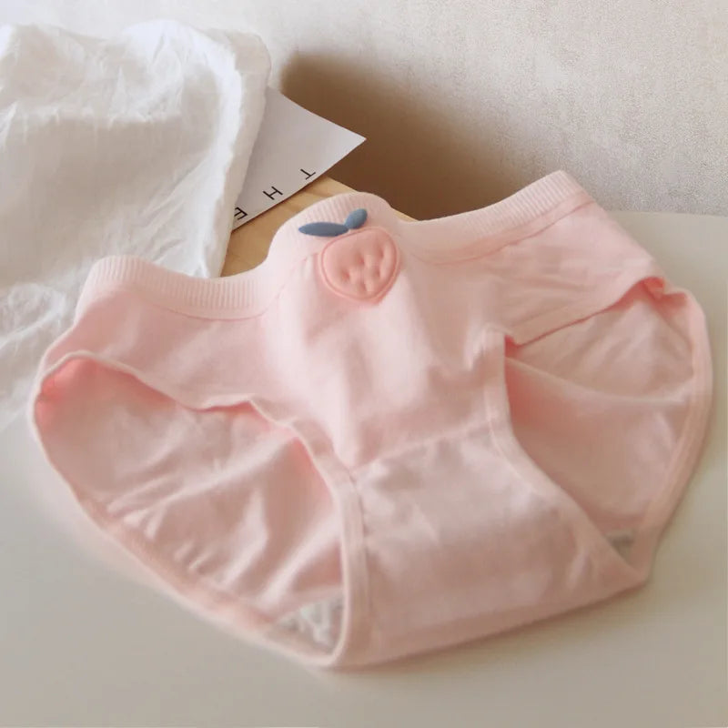 Amoura Elegance 5-Piece Women's Cotton Panties Set - Cute Peach Strawberry Design, Breathable Mid-Waist Briefs