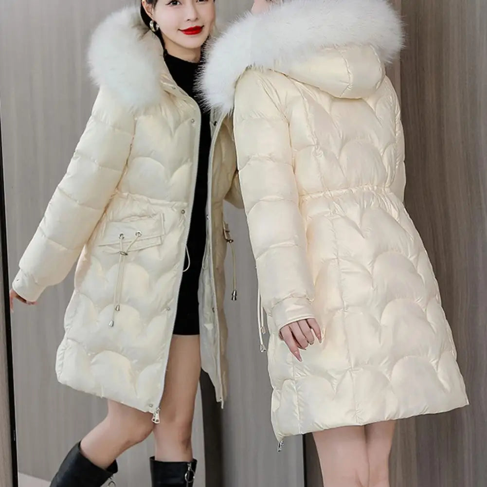 "Amoura Elegance Women's Winter Cotton Coat – Thickened Padded Faux Fur Hooded Mid-Length Slim Fit Windproof Outerwear for Cold Weather Comfort"