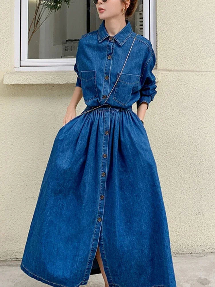 Amoura Elegance Blue Denim Vintage Long Dress – Korean Fashion Autumn Single-Breasted Loose Streetwear