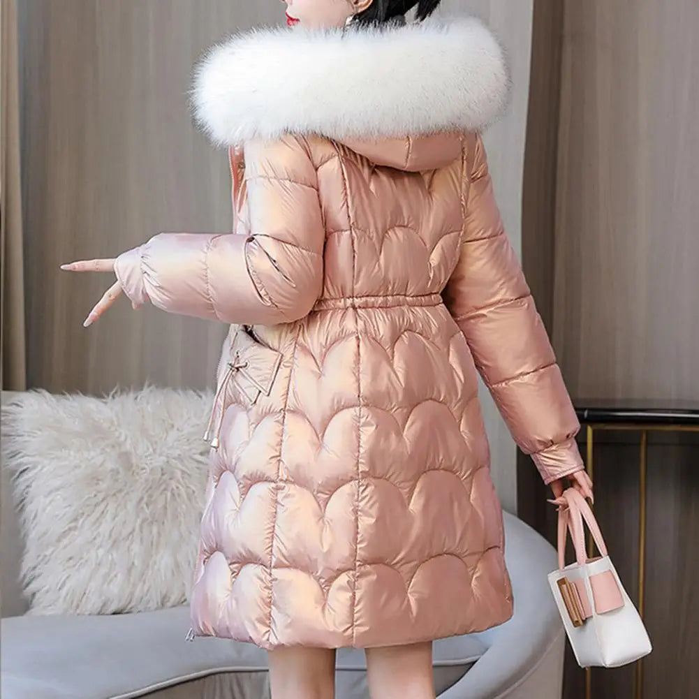 "Amoura Elegance Women's Winter Cotton Coat – Thickened Padded Faux Fur Hooded Mid-Length Slim Fit Windproof Outerwear for Cold Weather Comfort"
