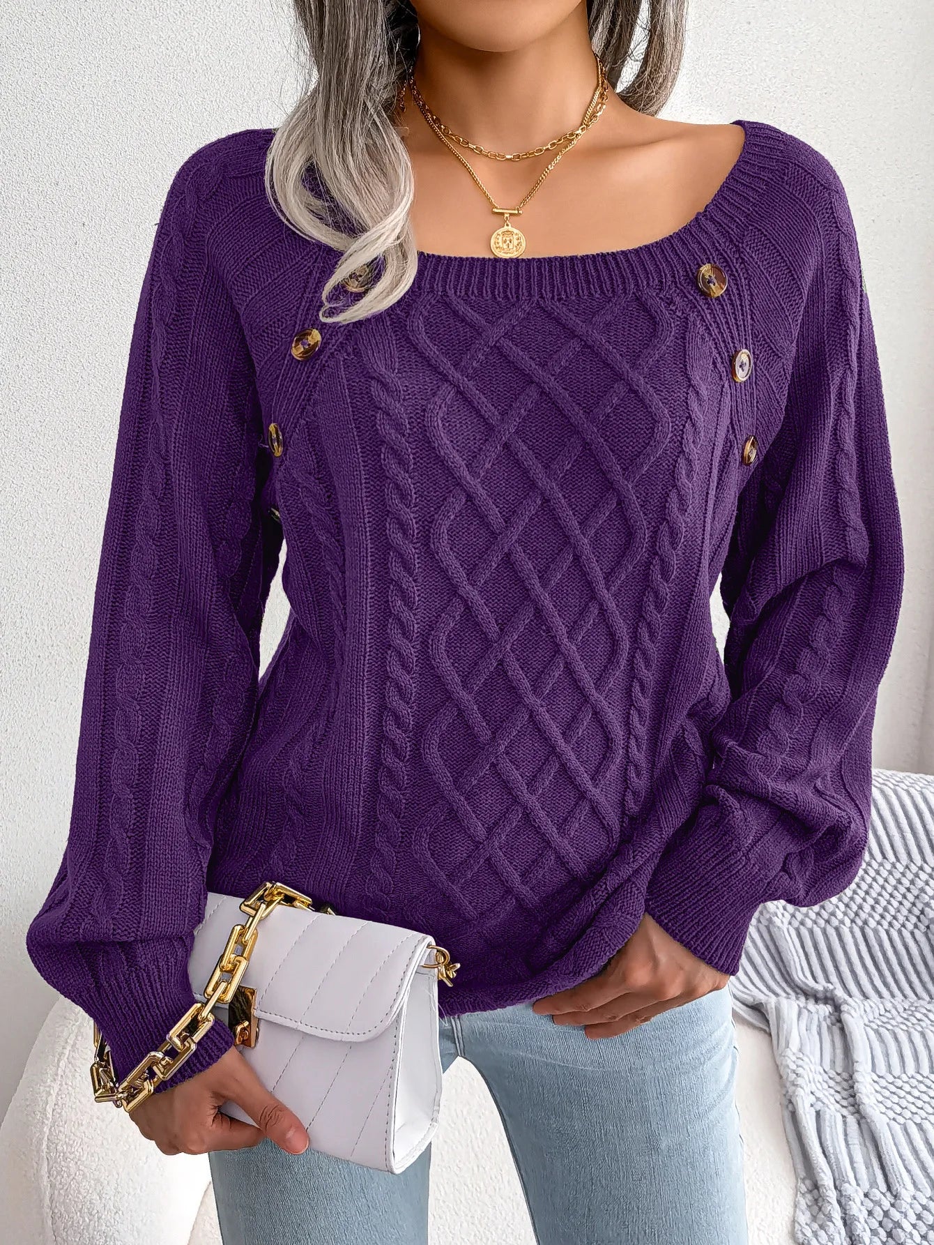 Amoura Elegance Women's 2024 Autumn/Winter Casual Square Collar Nail Buckle Twist Knitted Pullover Sweater – Chic & Cozy Knitwear