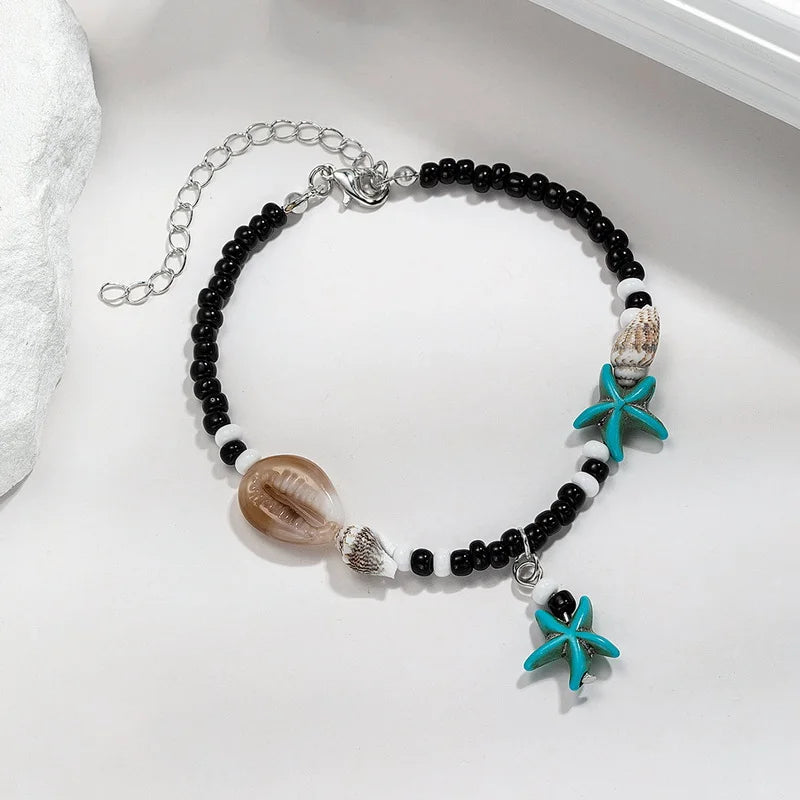 AmouraElegance Shell Starfish Anklets for Women | Handmade Bohemian Leg & Foot Chain with Rice Beads | Boho Sandals Jewelry Gift