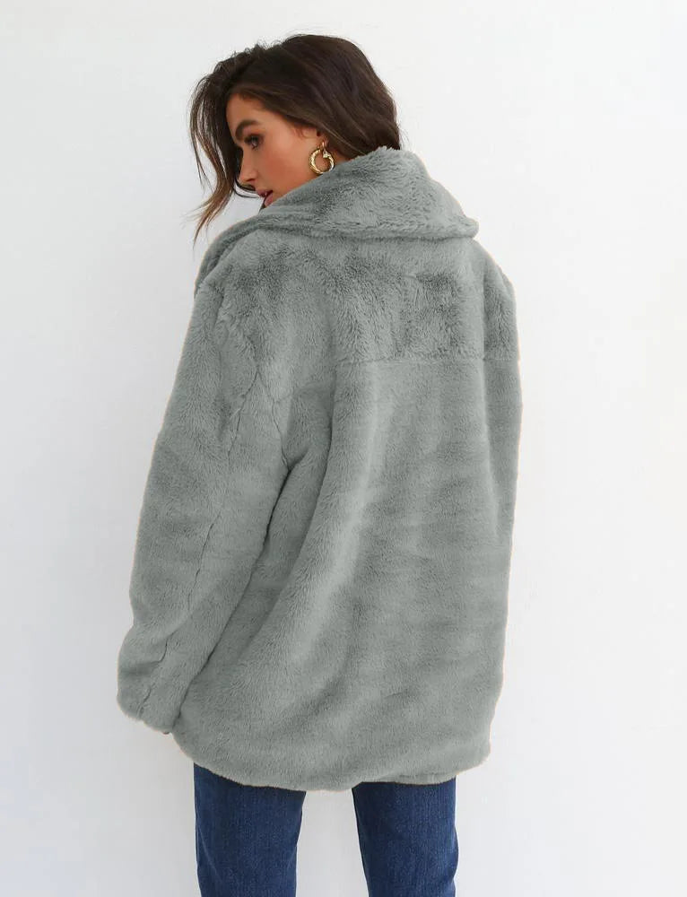 "Amoura Elegance Women's Plush Lapel Slim-Fit Jacket – European & American Fashion Sexy Autumn/Winter Outerwear for Stylish Comfort"