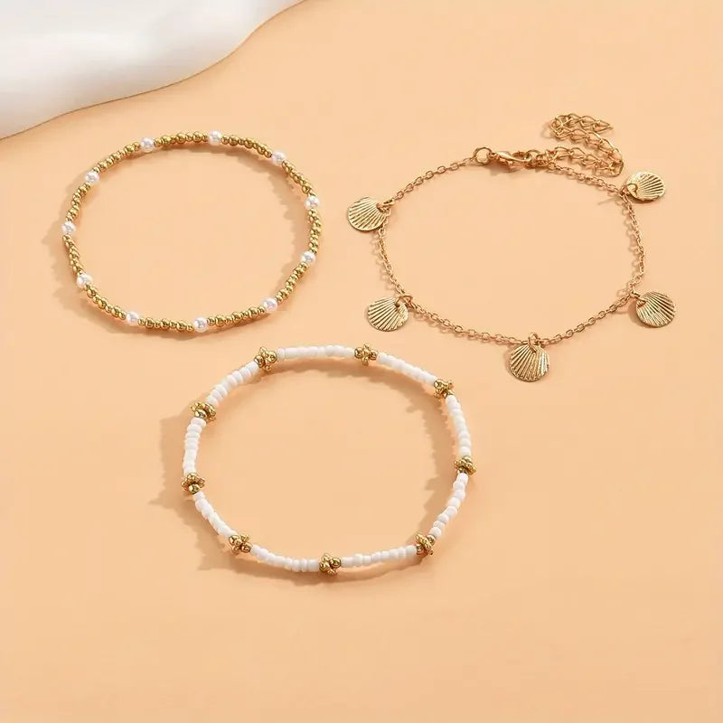 "AmouraElegance 3pcs Retro Pearl Beads Anklet for Women | Handmade Shell & Butterfly Foot Bracelet | Bohemian Summer Beach Jewelry Gift"