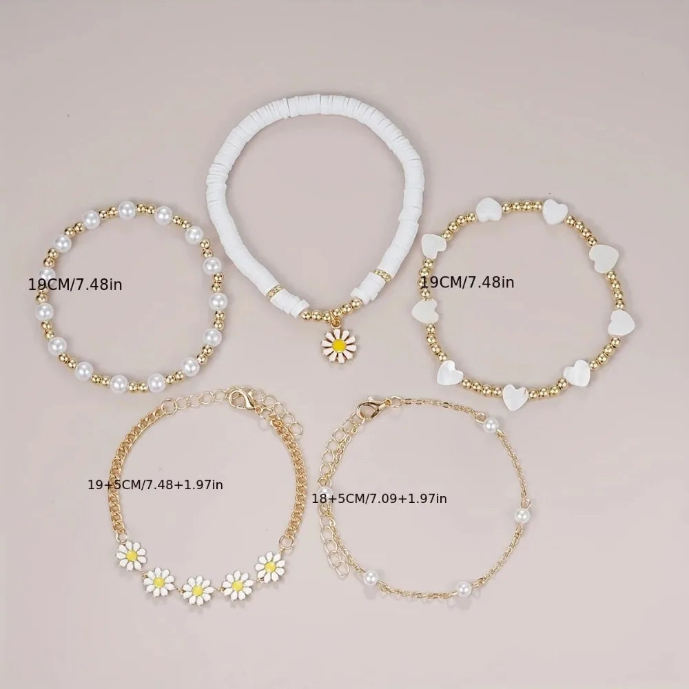 "Amoura Elegance 4-Piece Vintage Daisy Flower & Faux Pearl Bracelet Set – Bohemian Beaded Enamel Star Stackable Jewelry for Women"