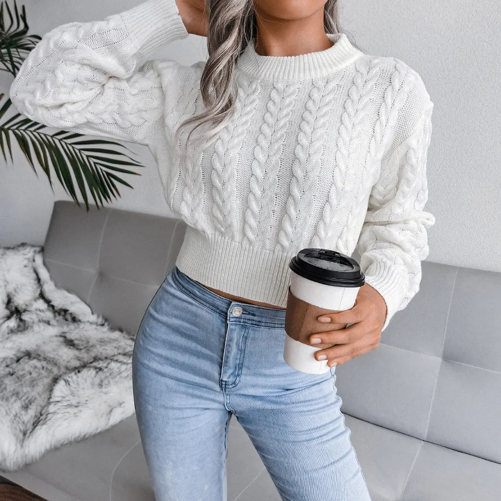 Amoura Elegance Women’s 2024 Autumn/Winter Twist Knitted Pullover – Solid Color Crew Neck, Long-Sleeve Sexy Babes Waist-Fitting Sweater