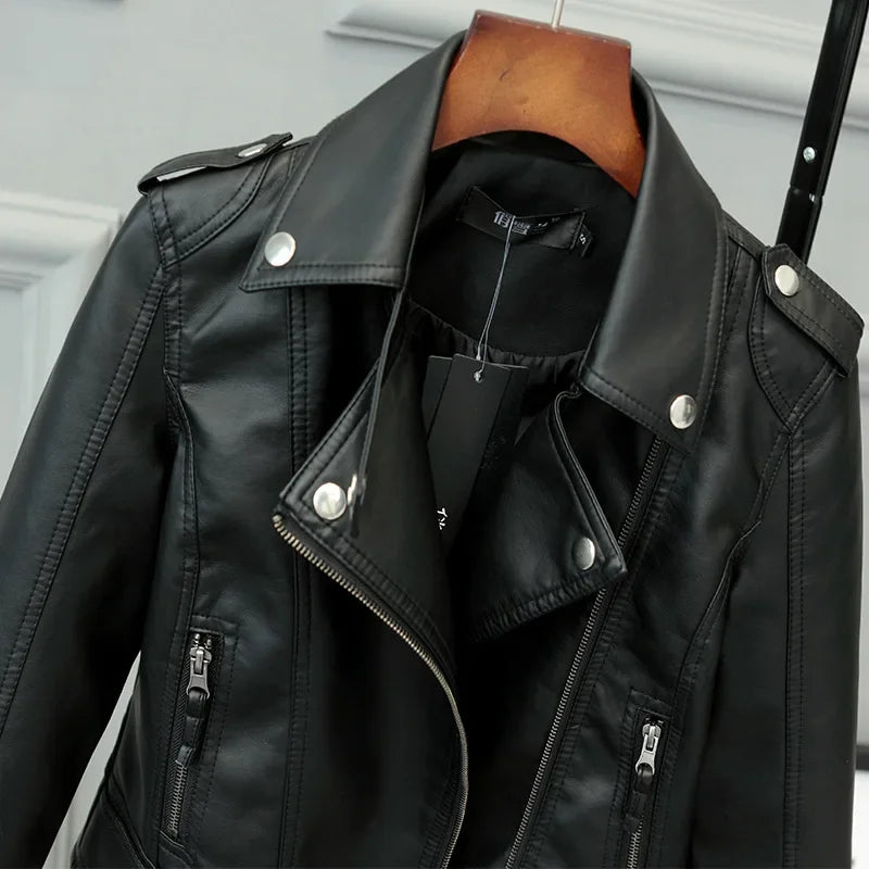 Amoura Elegance Korean Slim PU Leather Motorcycle Jacket – Women’s Short Coat for Spring, Autumn & Winter