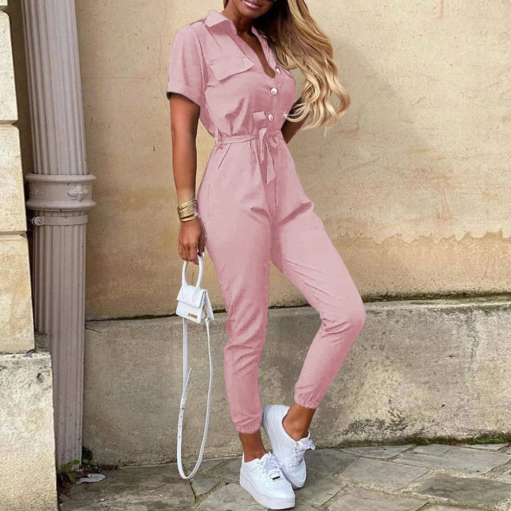 Amoura Elegance European & American Women's Casual Lapel Buckle Printed Belt Cargo Jumpsuit – Stylish Utility Fashion
