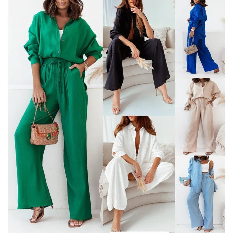 Amoura Elegance Europe & U.S. Autumn & Winter Long-Sleeved Shirt and Wide-Leg Pants Casual Suit – Modern Comfort Style