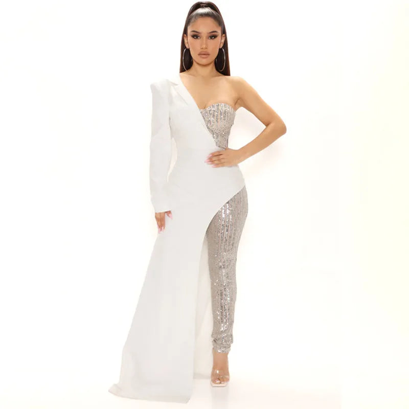 Amoura Elegance European & American Women's Silver Splicing Sequin One-Shoulder Jumpsuit – Glamorous Evening Wear