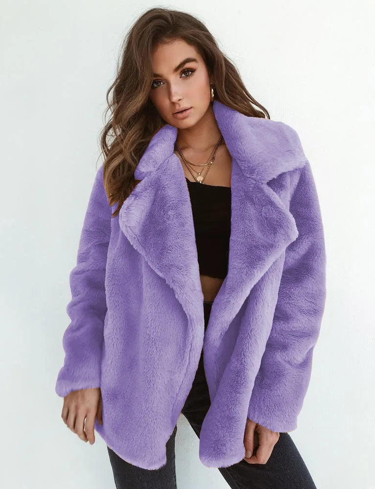 "Amoura Elegance Women's Plush Lapel Slim-Fit Jacket – European & American Fashion Sexy Autumn/Winter Outerwear for Stylish Comfort"