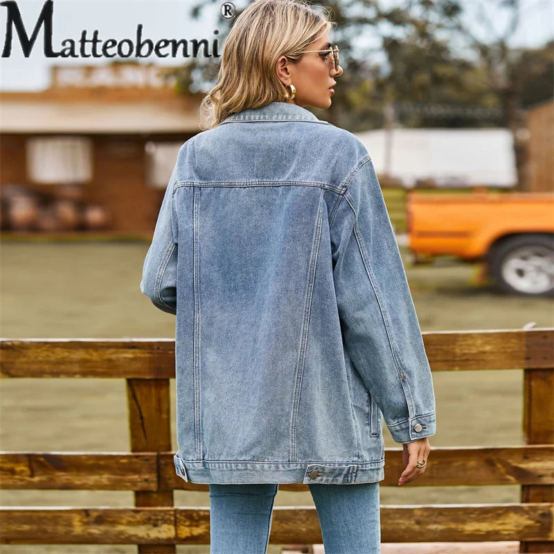 Amoura Elegance Women's Vintage Denim Jacket – Loose Lapel Single-Breasted Cardigan Coat for Autumn Winter Casual Commuter Style 2023