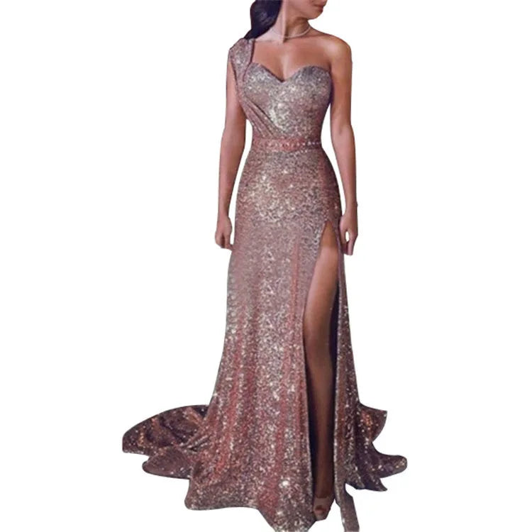 Amoura Elegance European & American Women's Sexy One-Shoulder Sleeveless Gold Slit Long Dress