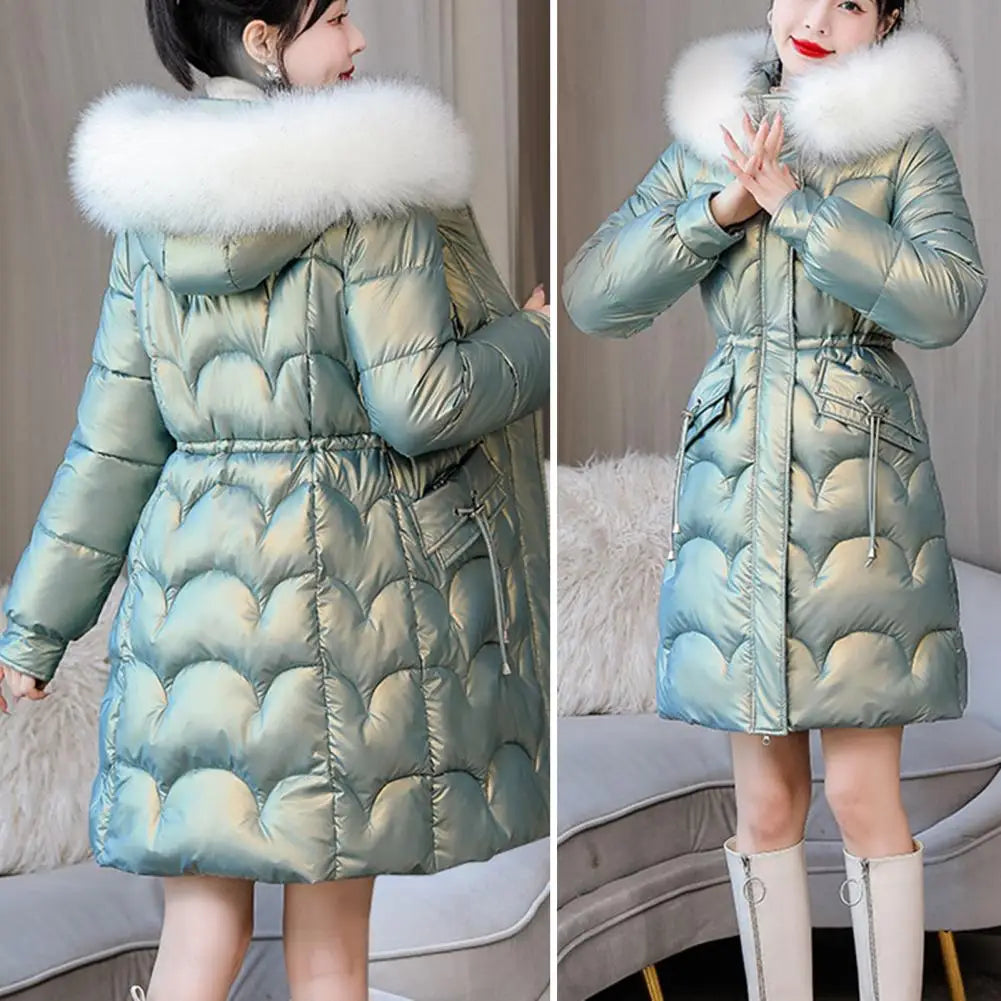 "Amoura Elegance Women's Winter Cotton Coat – Thickened Padded Faux Fur Hooded Mid-Length Slim Fit Windproof Outerwear for Cold Weather Comfort"