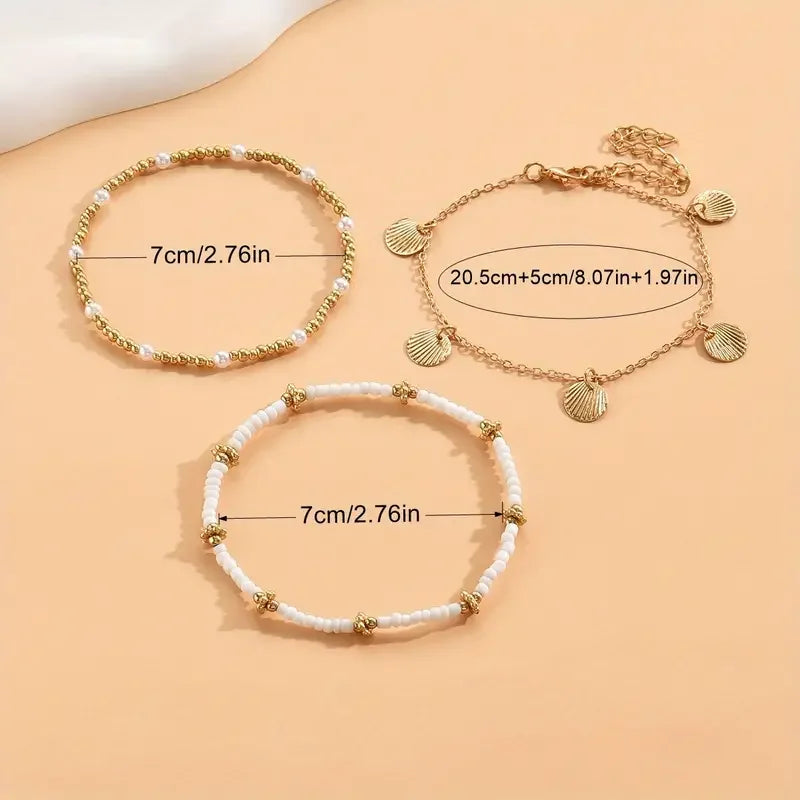 "AmouraElegance 3pcs Retro Pearl Beads Anklet for Women | Handmade Shell & Butterfly Foot Bracelet | Bohemian Summer Beach Jewelry Gift"