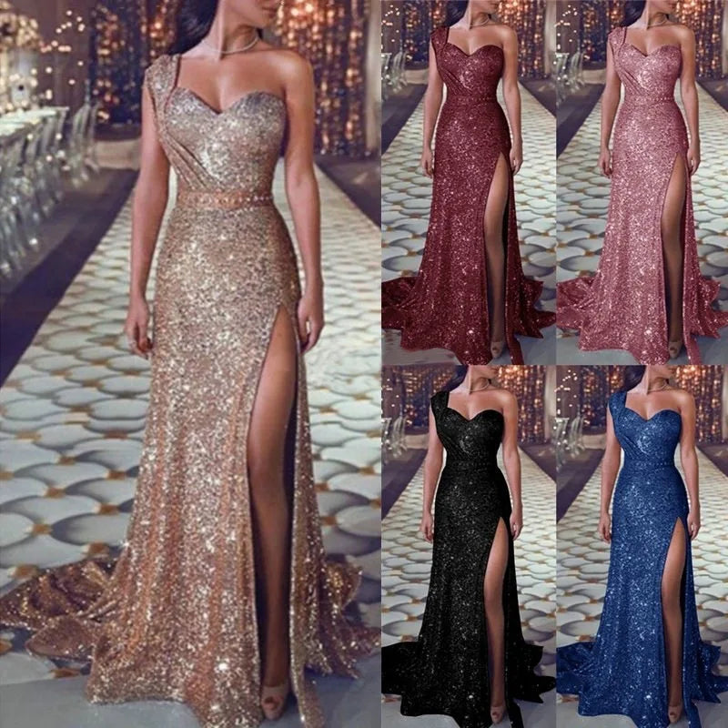 Amoura Elegance European & American Women's Sexy One-Shoulder Sleeveless Gold Slit Long Dress