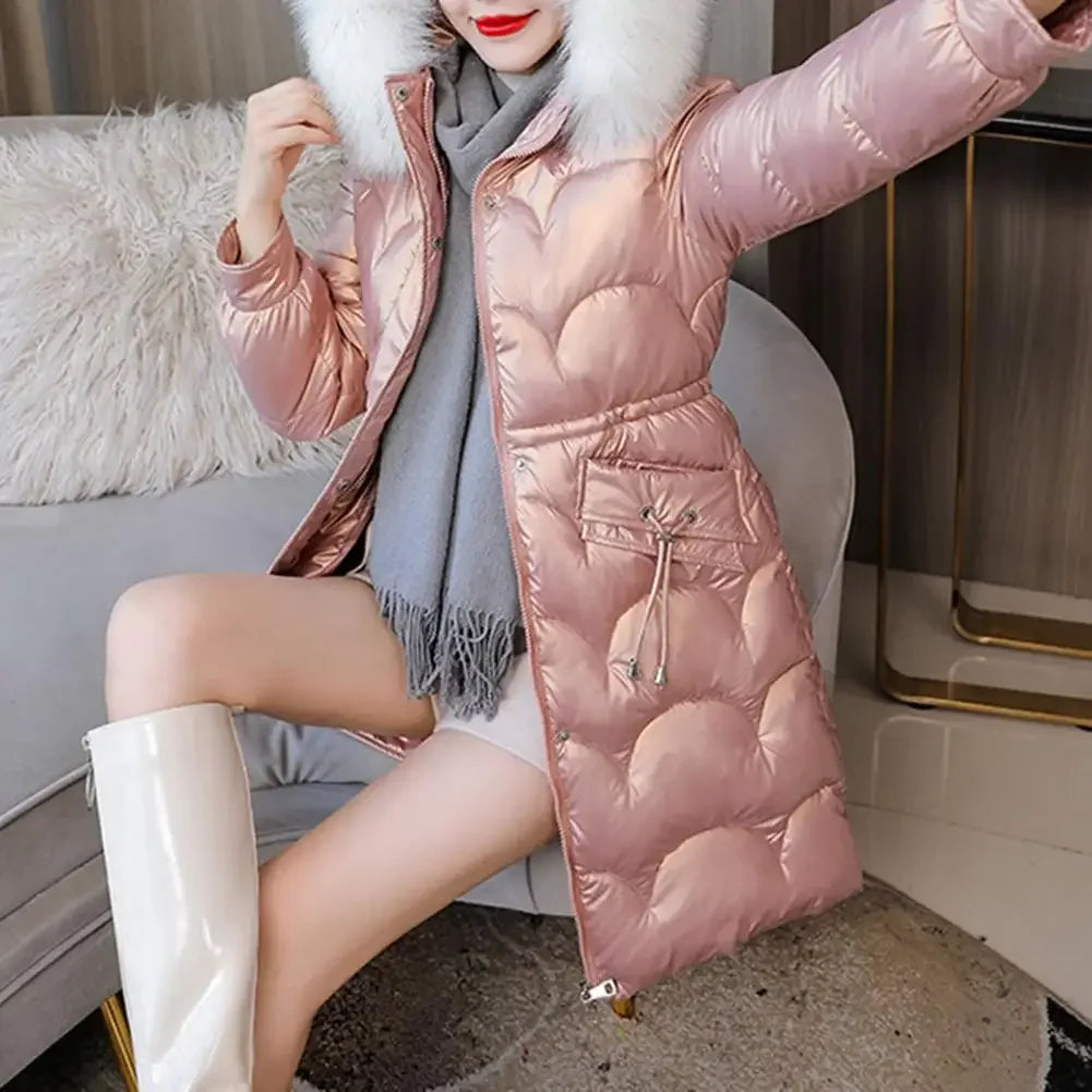 "Amoura Elegance Women's Winter Cotton Coat – Thickened Padded Faux Fur Hooded Mid-Length Slim Fit Windproof Outerwear for Cold Weather Comfort"