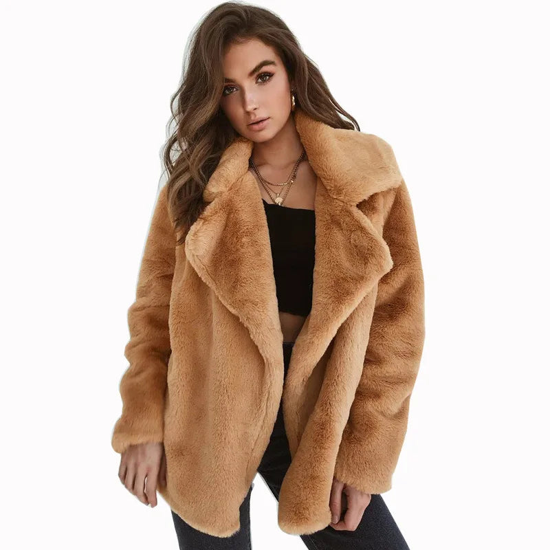 "Amoura Elegance Women's Plush Lapel Slim-Fit Jacket – European & American Fashion Sexy Autumn/Winter Outerwear for Stylish Comfort"