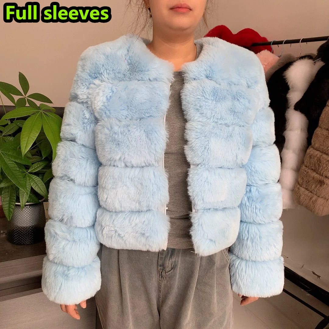 Amoura Elegance Women's Faux Fur Coat – Short Fluffy Jacket, High-Quality Faux Fox Fur, Stylish Winter Warmth Shor Sleeve( 50 cm)