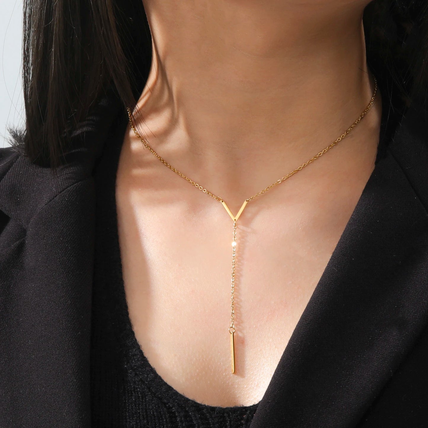 "AmouraElegance Skyrim V Shaped Necklace with Bar for Women & Girls | Stainless Steel Gold Color Chain Necklace | 2024 Party Jewelry Gift Wholesale"