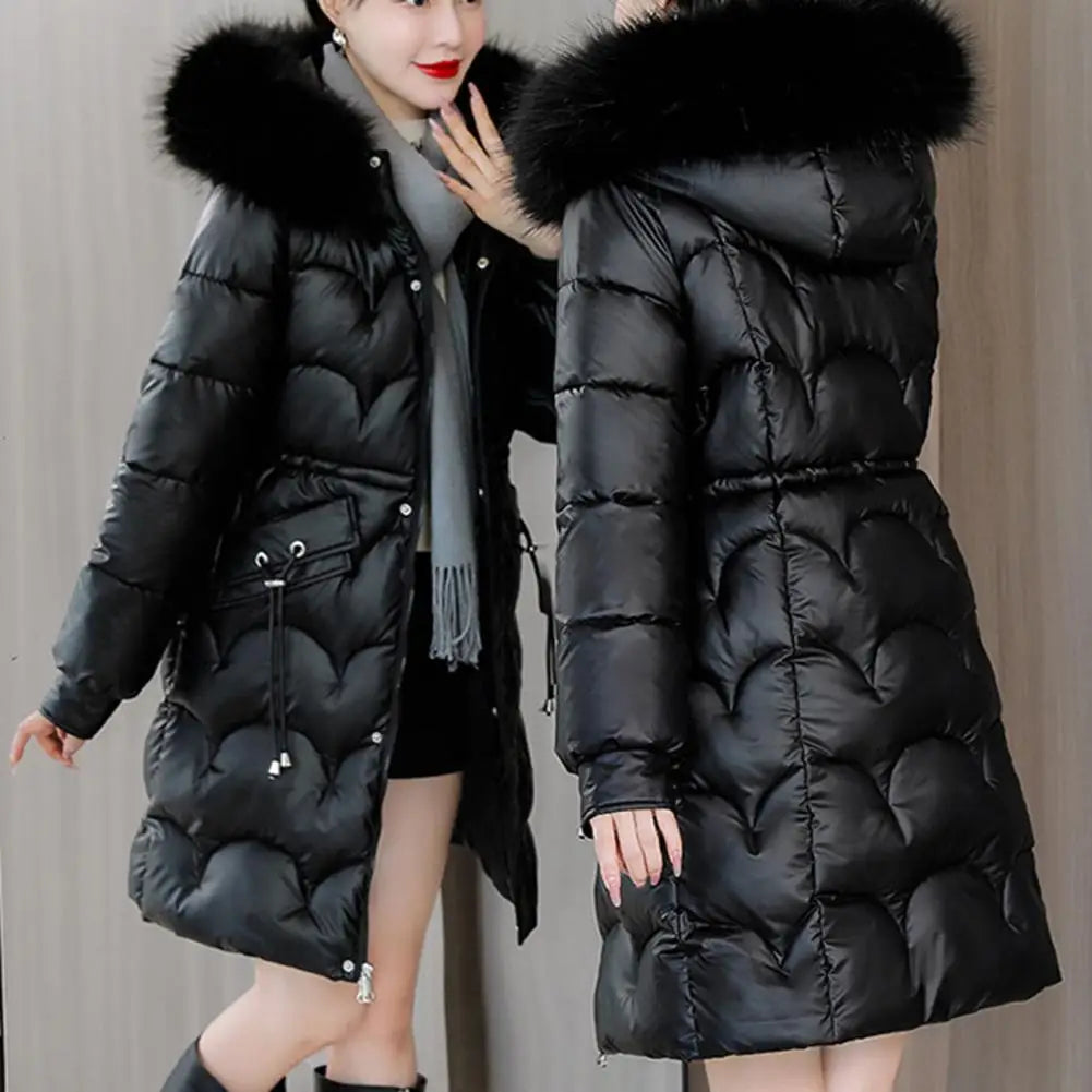 "Amoura Elegance Women's Winter Cotton Coat – Thickened Padded Faux Fur Hooded Mid-Length Slim Fit Windproof Outerwear for Cold Weather Comfort"