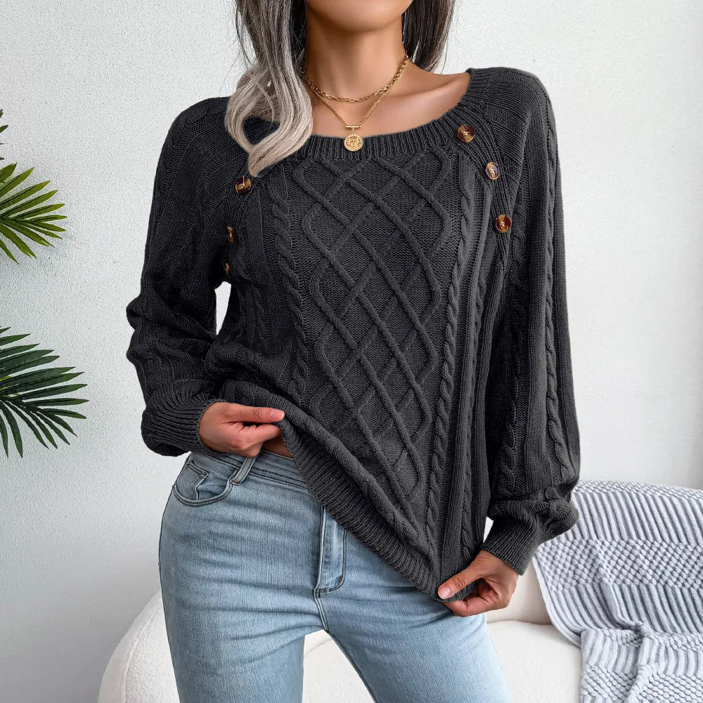 Amoura Elegance Women's 2024 Autumn/Winter Casual Square Collar Nail Buckle Twist Knitted Pullover Sweater – Chic & Cozy Knitwear